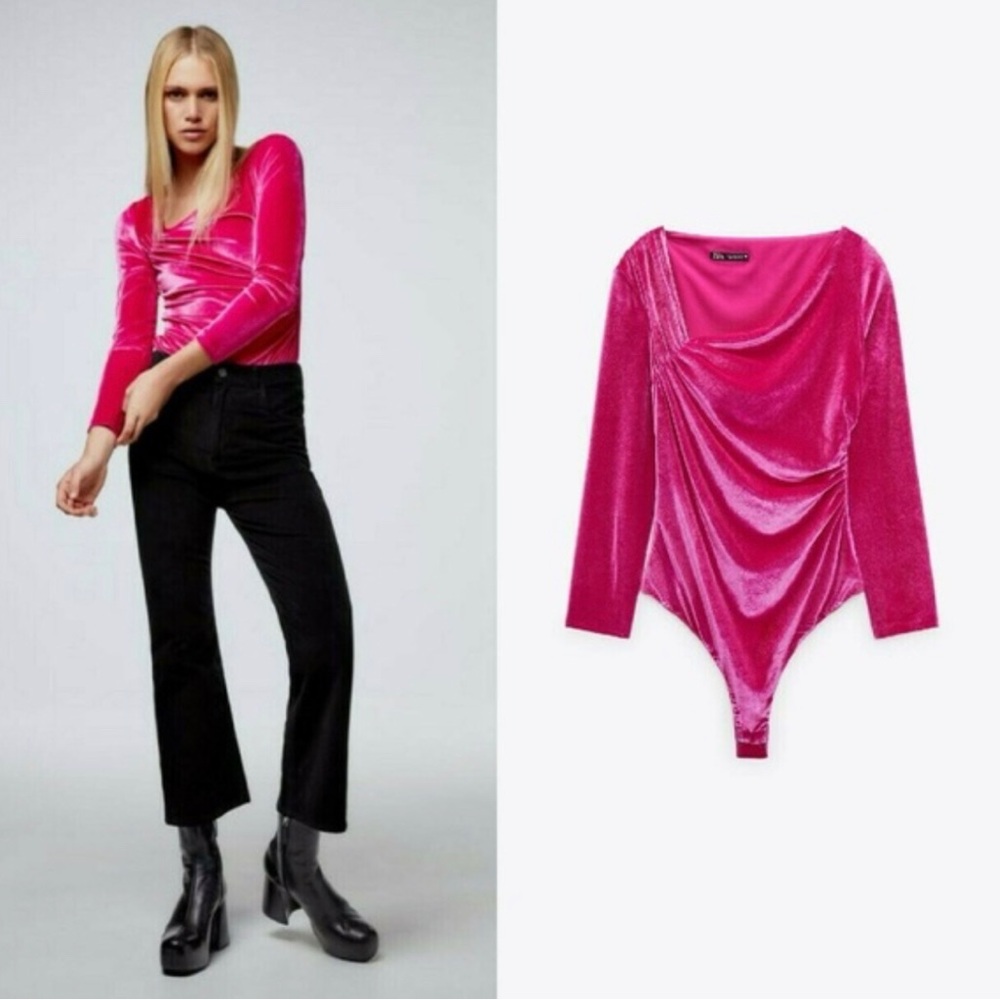 Zara Velvet Long Sleeve Bodysuit in Pink/Fuchsia